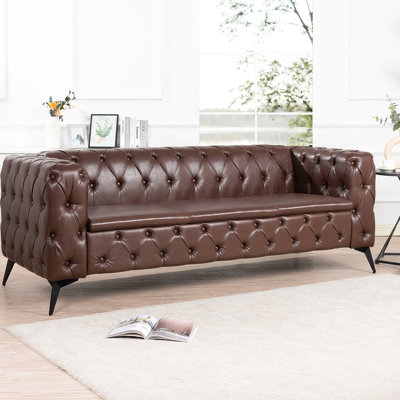 Canapé 3 places avec accoudoirs carrés, 211 cm de large, coussins amovibles, revêtement en polyuréthane brun foncé, pieds en fer, design attrayant, style moderne.