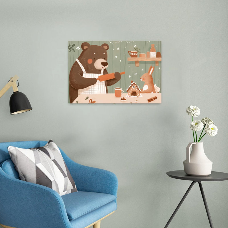 Holiday Baking Friends Abstract Contemporary Bear Rabbit Winter Forest Wall Art Print by Mathieu - Wrapped Canvas Print