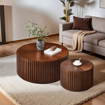 Nesting Coffee Table Set of 2, Solid Wood Round Coffee Table with Small End Table, Chocolate by Latitude Run