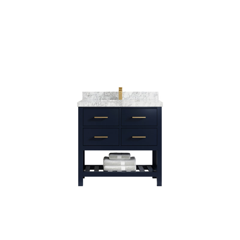 Meuble-lavabo simple en teck 36 po x P 22 po x H 36 po Parker, Marbre de Carrare, Bleu marine