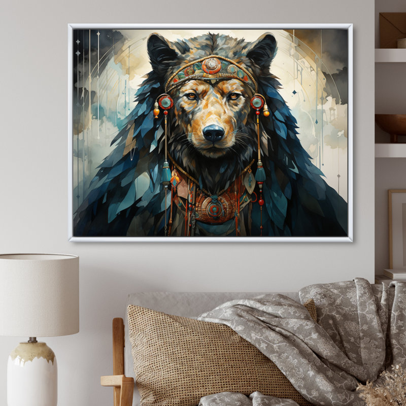 «Native Art Bear», reproduction d'art sur toile, H 24 po x l 32 po x P 1 po, Cadre flottant blanc