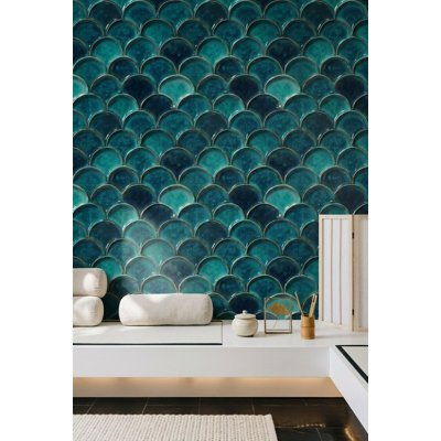 Scallop Tile Wallpaper Glossy Ceramic Metallic Outline Removable Wall Decor