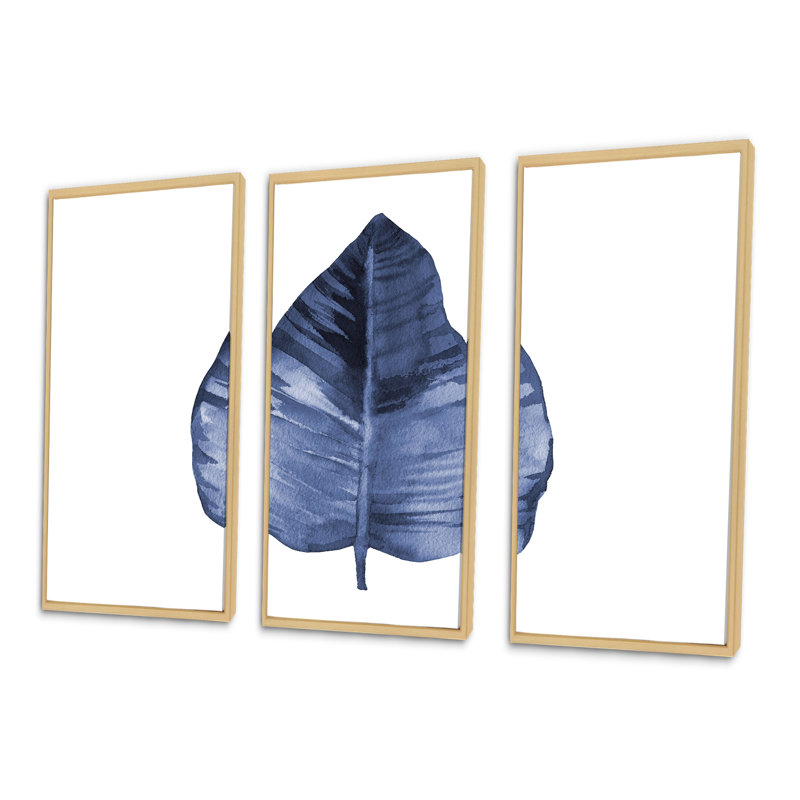 «Blue Leaf Watercolor on White», reproduction sur toile flottante 3 pièces, H 28 po x l 36 po x P 1 po, Cadre brun