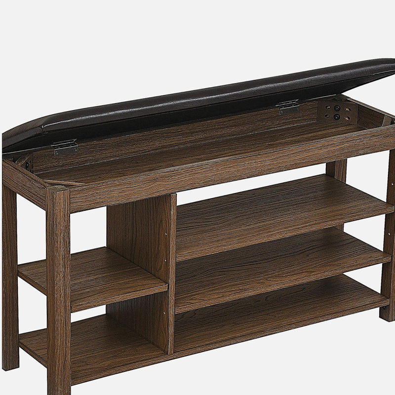 Un banc de rangement à chaussures réglable en hauteur en bois d'hévéa naturel comprend un siège confortable, un espace de rangement dissimulé et de grands compartiments de rangement