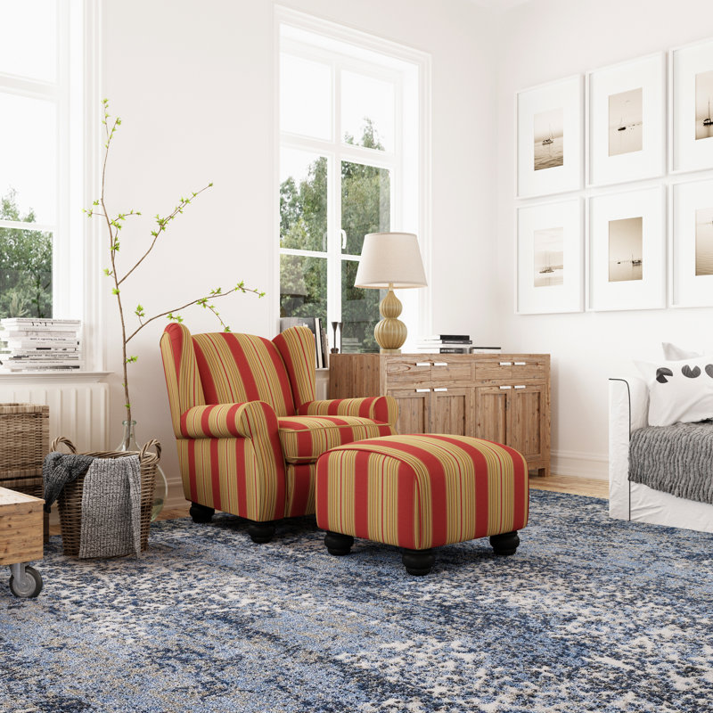 Fauteuil à oreilles et repose-pieds de 33,54 po de largeur Amandeep, 100 % coton à rayures cramoisies