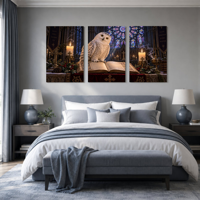 " Snowy Owl on Open Book in Candlelit Christmas " 3 Piece Art, 60"W x 30"H Overall - 3 Panels