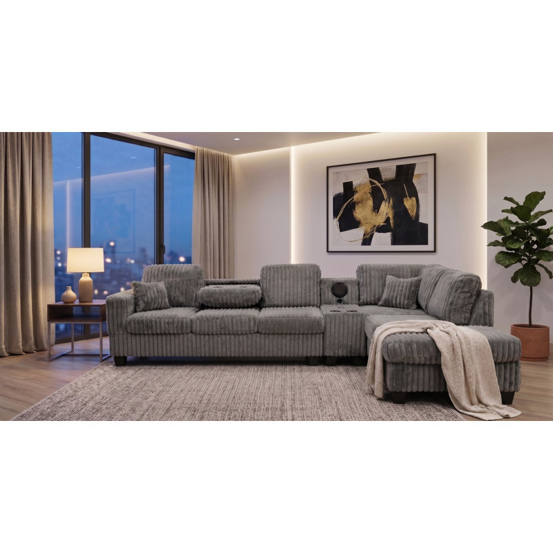 Canapé modulaire réversible en fausse fourrure Vega avec console média, Grey Faux Fur