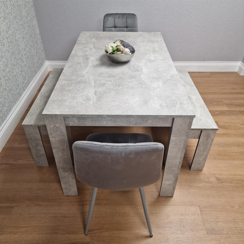 Dining Table Set with 2 Velvet Chairs and 2 Benches, Stone Effect Wood Table, Modern Dining Room Furniture, Grey