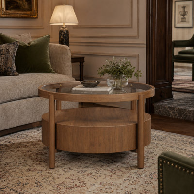 Solid wood round coffee table with glass top, equipped with storage drawers; double-layered mid-century modern round coffee table; walnut wood living