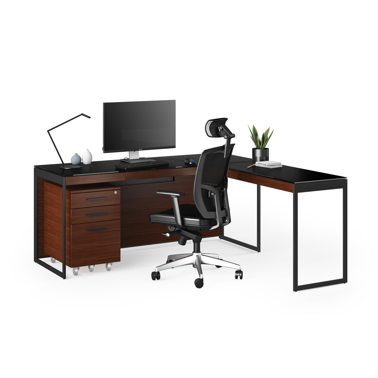 Sequel 66'' Desk with Return, Chocolate Stained Walnut/Black