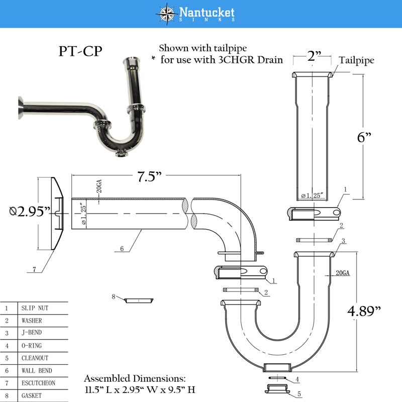 Nantucket Sinks' P-trap With Tailpipe, Chrome
