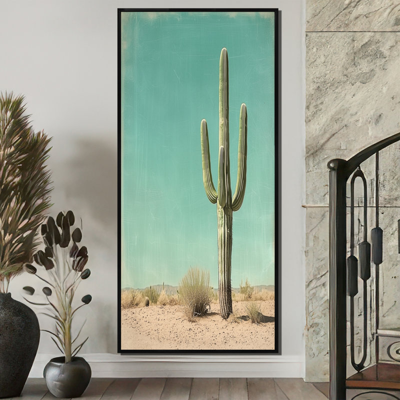 Marcellyn Minimalist Cactus and the Desert Sky II - Cactus, reproduction d'art sur toile encadrée, H 60 po x l 28 po, Noir