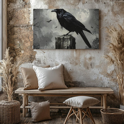 Canvas Wall Art Moonlit Crow Gothic Raven On Wooden Post With Mist And Bats Ready To Hang Gallery Wrapped Home Decor Modern Design