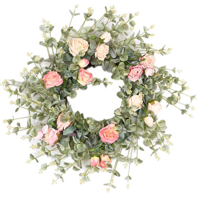 26" Artificial Everyday Eucalyptus Rose Floral Wreath For Front Door Wedding Party Home Decor