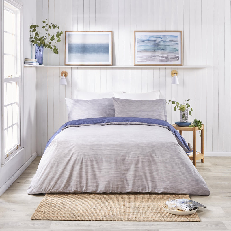 Bethan Polyester Striped Duvet Cover Set with Pillowcases, Navy/Grey, Kingsize - 2 Standard Pillowcases