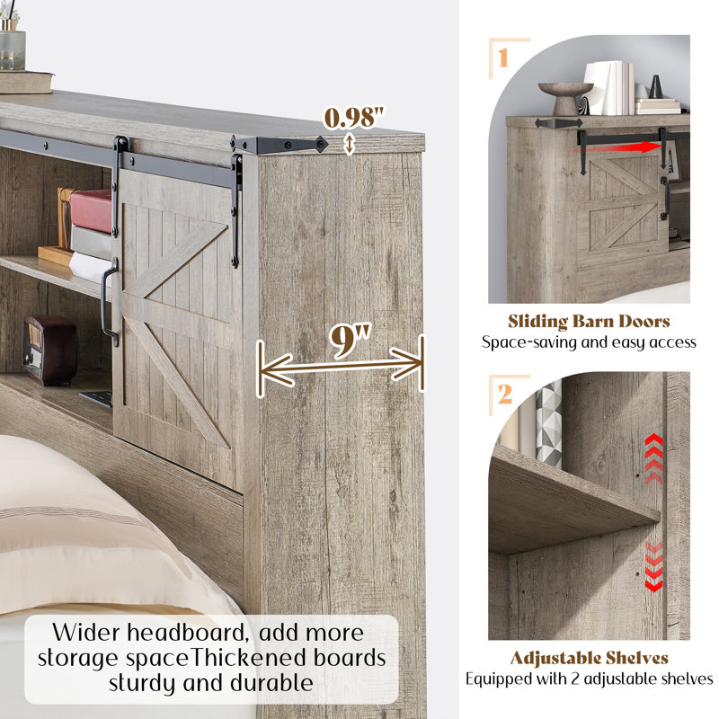 Oceant Sherell Farmhouse Bed Frame Storage Bookcase Headboard