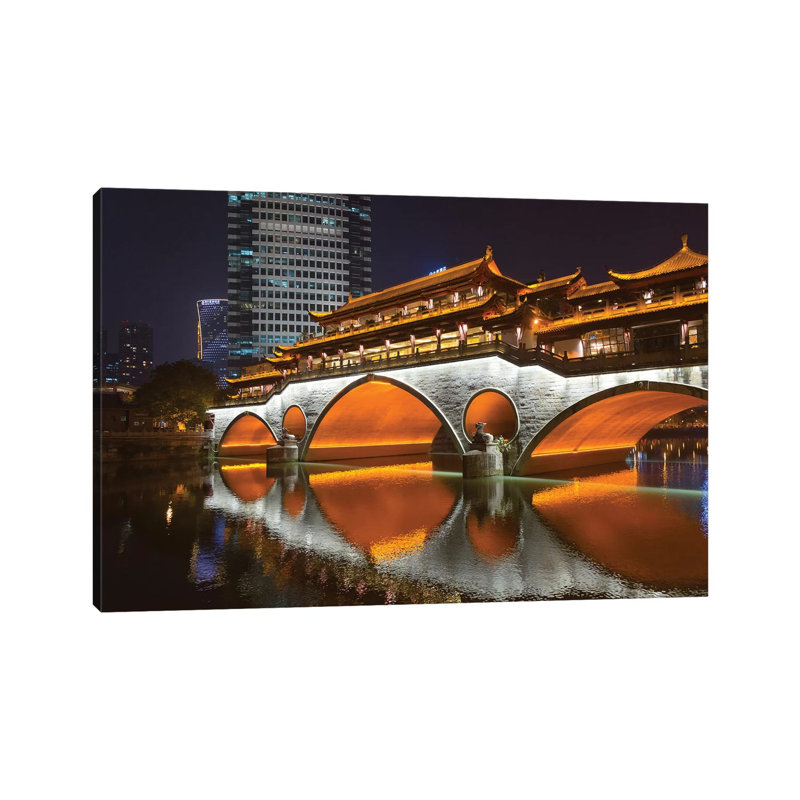 Night View Of Anshun Bridge With Reflection In Jin River, Chengdu, Sichuan Province, China by Keren Su - Wrapped Canvas Gallery-Wrapped Canvas Giclée