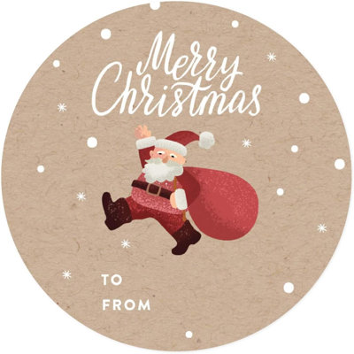 Étiquettes de Noël rondes en forme de cercle, père Noël brun avec sac-cadeau, Joyeux Noël à, paquet de 40