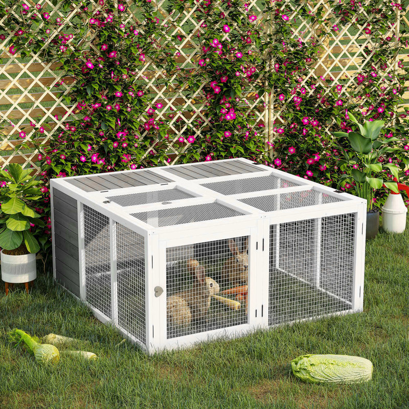 Lapin en bois pour 1 à 4 lapins, cage extérieure avec plateau et porte pliables, enceinte grise, entrée latérale sur le toit