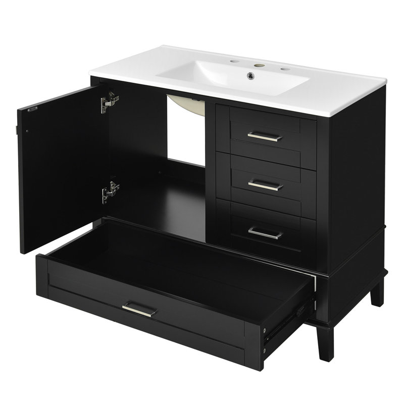 Meuble-lavabo simple 36 po avec plateau en céramique, Noir, noir, noir, noir