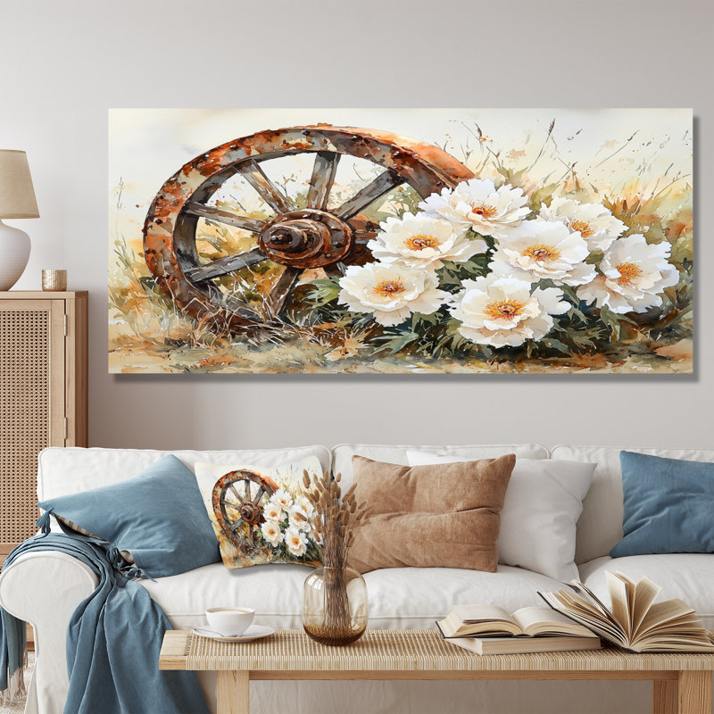 Pivoines par la roue de chariot I - reproduction d'art traditionnelle en métal, pivoines, décoration murale en métal