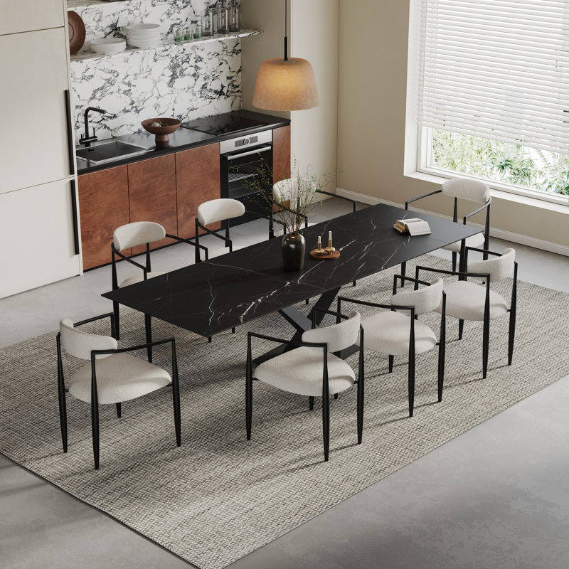 Nanor 9 - Piece 94.48'' Extendable Sintered Stone Dining Table with 8 Fabric Chairs Dining Set, White/Black, Matte Black