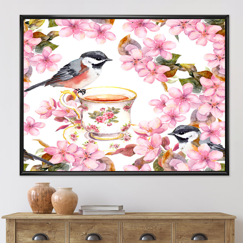 Tasse à thé oiseaux et fleurs - Peinture sur toile, Cadre noir, H 24 po x l 32 po x P 1 po
