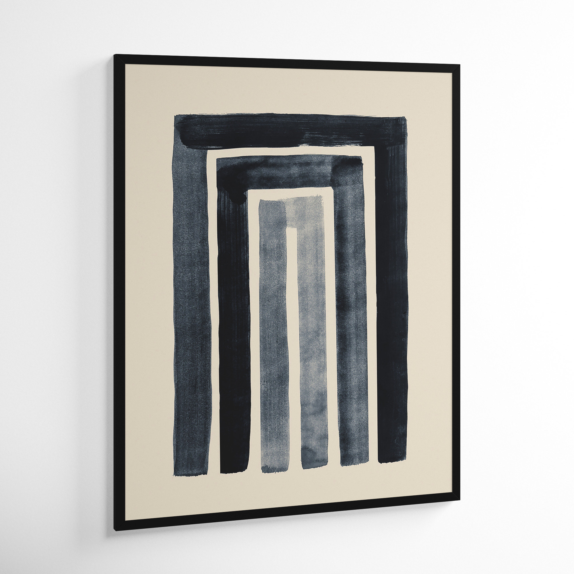 Mid Century Modern Abstract Rainbow Indigo Beige by The Creative Bunch Studio, 41" H x 33" W, Black Framed