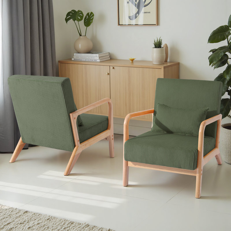 Jyrin Mid Century Upholstered Gray Green Corduroy Solid Wood Accent Chair with an Extra Pillow, Gray Green, Natural Wood, 2