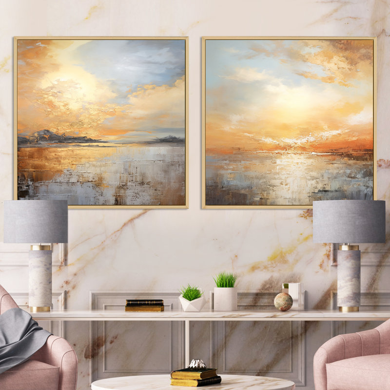 Pohl - Ensemble de 2 collages carrés côtiers Sunset, Cadre flottant brun, H 36 po x l 73 po