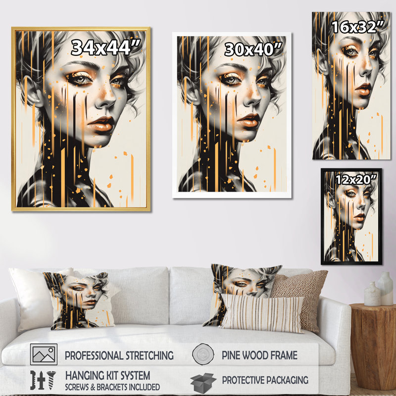 Femme mode dorée et grise - impressions sur toile tendance, Toile tendue, H 32 po x l 24 po x P 1 po