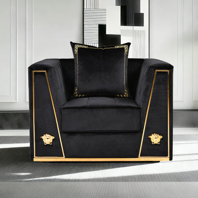 44" Luxury Velvet Chair With Pillow & Golden Metal Decor