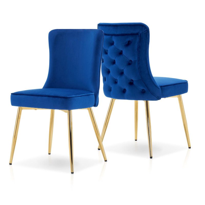 Tufted Dining Chair,Upholstery Accent Chair with Gold Legs, Blue 