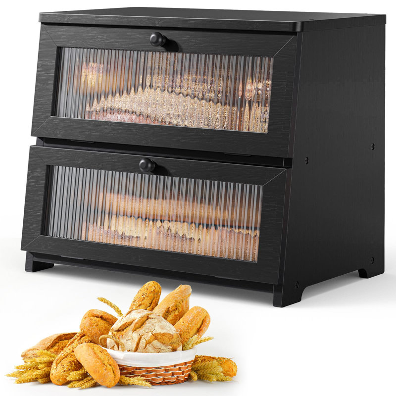 Wooden Bread Box For Kitchen Countertop, Large Capacity Kitchen Countertop Organizer, Stylish Bread Storage With Window, Black