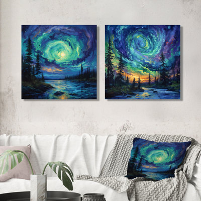 Green Blue Aurora Northern Lights Spiral I - Northern Lights Wall Art - Traditional Wall Art Decor 2 Piece