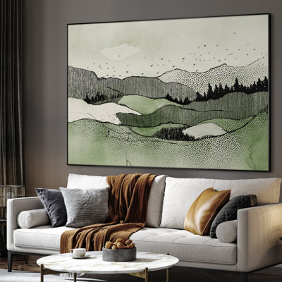 Très grand art mural imprimé sur toile - paysage de montagnes vertes minimalistes, croquis à l'encre moderne, œuvre d'art pour le salon ou la chambre à coucher - «Assemblage requis du cadre (cadre non fini)»