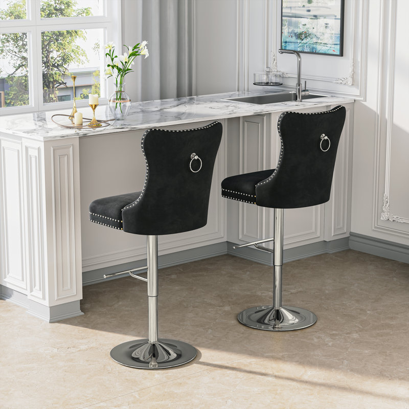 Modern Velvet Adjustable Swivel Counter Height Stools With Tufted Back Dining Chairs, Black Seat/ Silver Frame