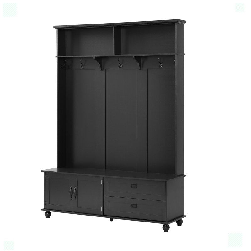 Arbre d'entrée de style moderne avec armoire de rangement et 2 grands tiroirs, banc de vestibule avec 5 crochets, Noir