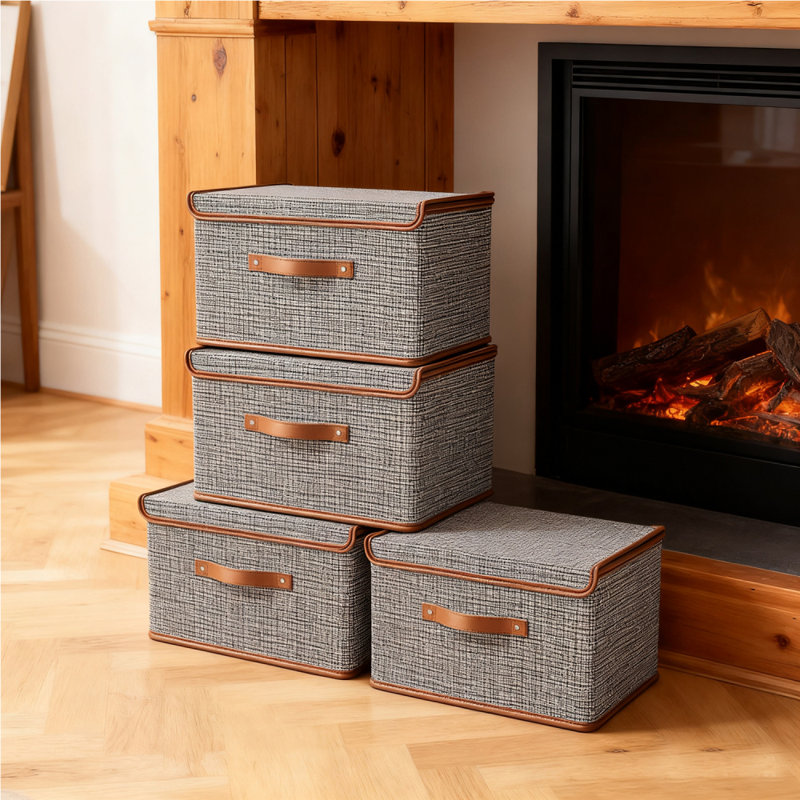 4Pack Storage Box With Flip Lid, Cotton And Linen Fabric Storage Box, Foldable Shelf Clothes Storage Cube, With Handle, Used For Wardrobe, Closet