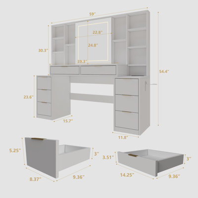 Makeup Vanity Desk with Mirror and Lights, 59" Large Vanity Table with 8Drawers & Open Storage Shelves, Brightness Adjustable, Dressing Table for Bedroom, Women and Girl