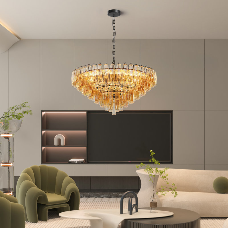 Lustre à plusieurs niveaux avec verre décoratif et lumières à intensité variable, Noir mat