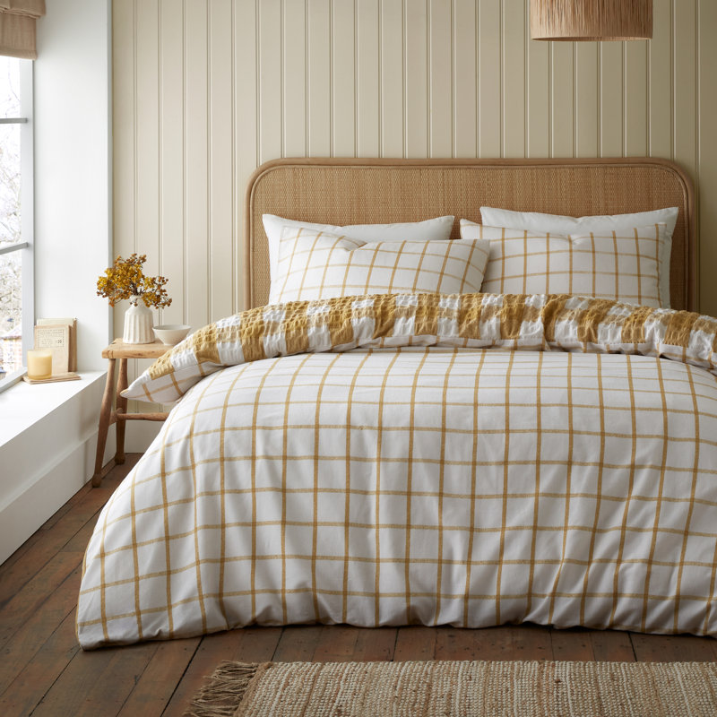 Brushed Seersucker Gingham Reversible Duvet Cover Set, Yellow, Full Duvet Cover + 2 Standard Pillowcases