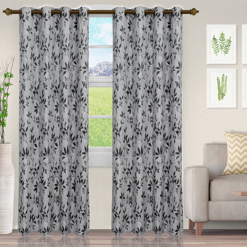 Bucyrus Decorative Vintage Leaves Jacquard Curtain Set with 2 Panels, Black/Grey, 52" W x 96" L