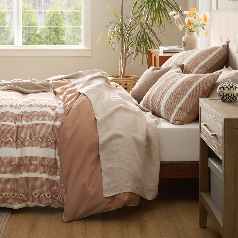 Bedsure Waffle Weave Duvet Cover Queen - 100% Cotton Boho Beding Set （Set of 3）, Strip Linen
