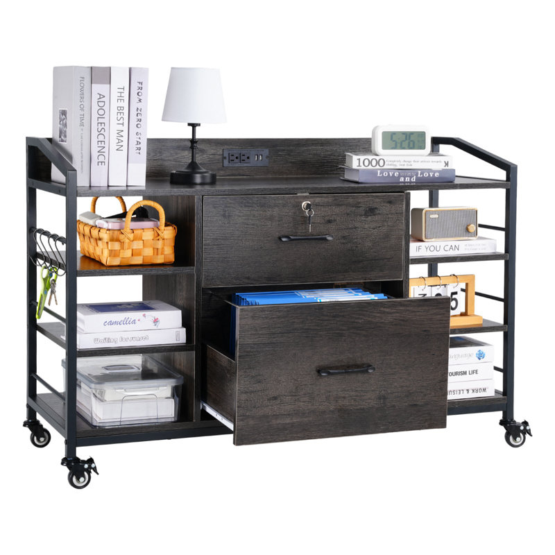 2 Drawers Metal File Cabinet with 6 Open Shelves and Power Strip Gray, Gray