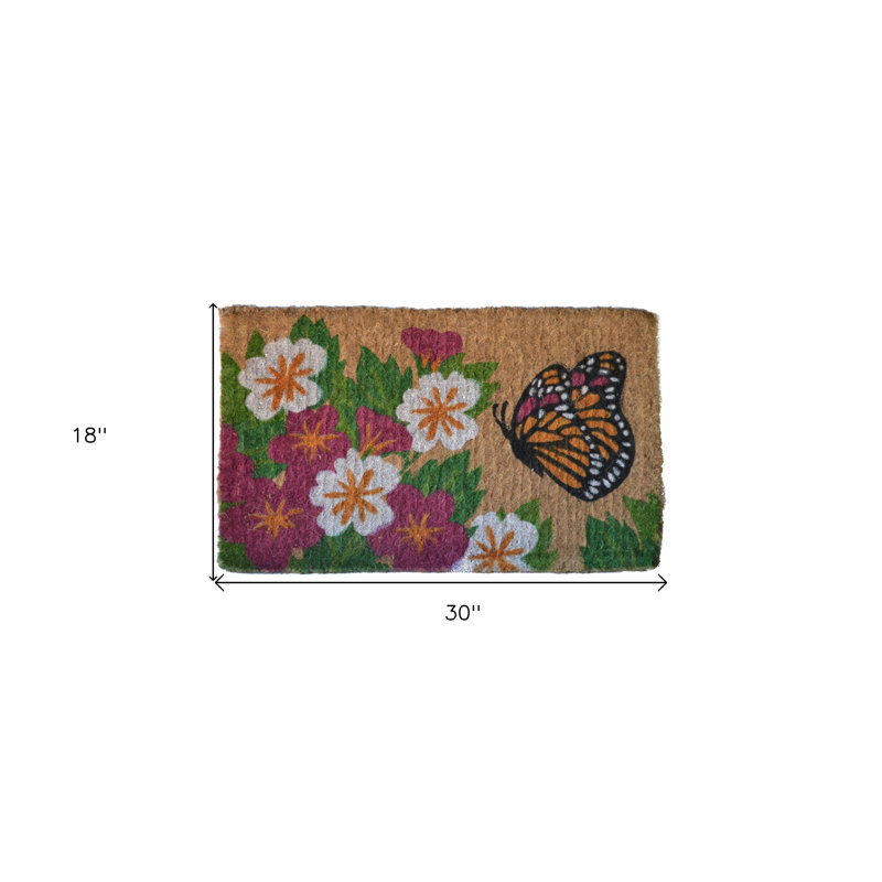 18" X 30" Brown and White Coir Floral Outdoor Door Mat