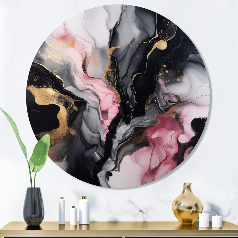 «Black Gold Marble Splash II», art mural rond en marbre abstrait sur métal, H 36 po x l 36 po x P 1 po