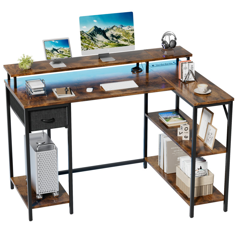 Katalina Modular L-Shaped Steel Computer Desk with Built-In Electrical Outlet, Brown