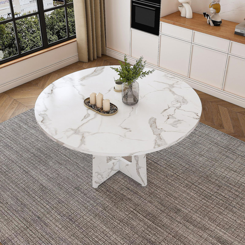 Table de salle à manger de 47,24 po pour 4 personnes - Table de ferme en panneau de fibres à densité moyenne avec une finition en marbre blanc, capacité de 300 lb, facile à assembler pour la cuisine / salle à manger - Table moderne épicée