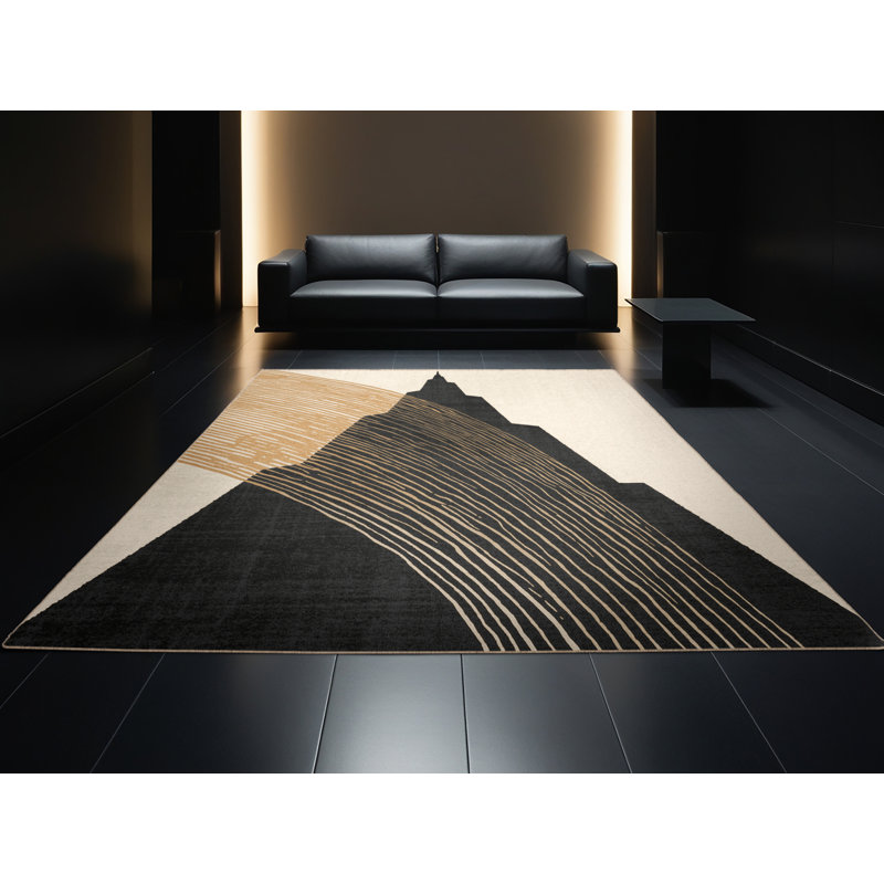 Machine Washable Pandelica Dubai Burj Khalifa Sleek & Chic Modern Arc Rug in Black – Beige Binding, 2x4